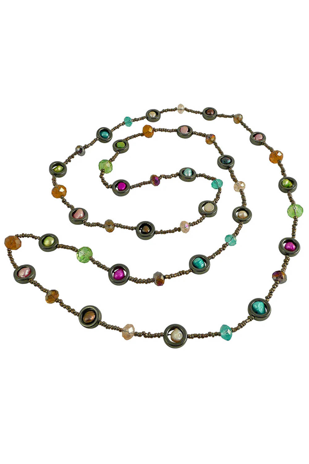 Long Circle Hematite & Pearl Necklace