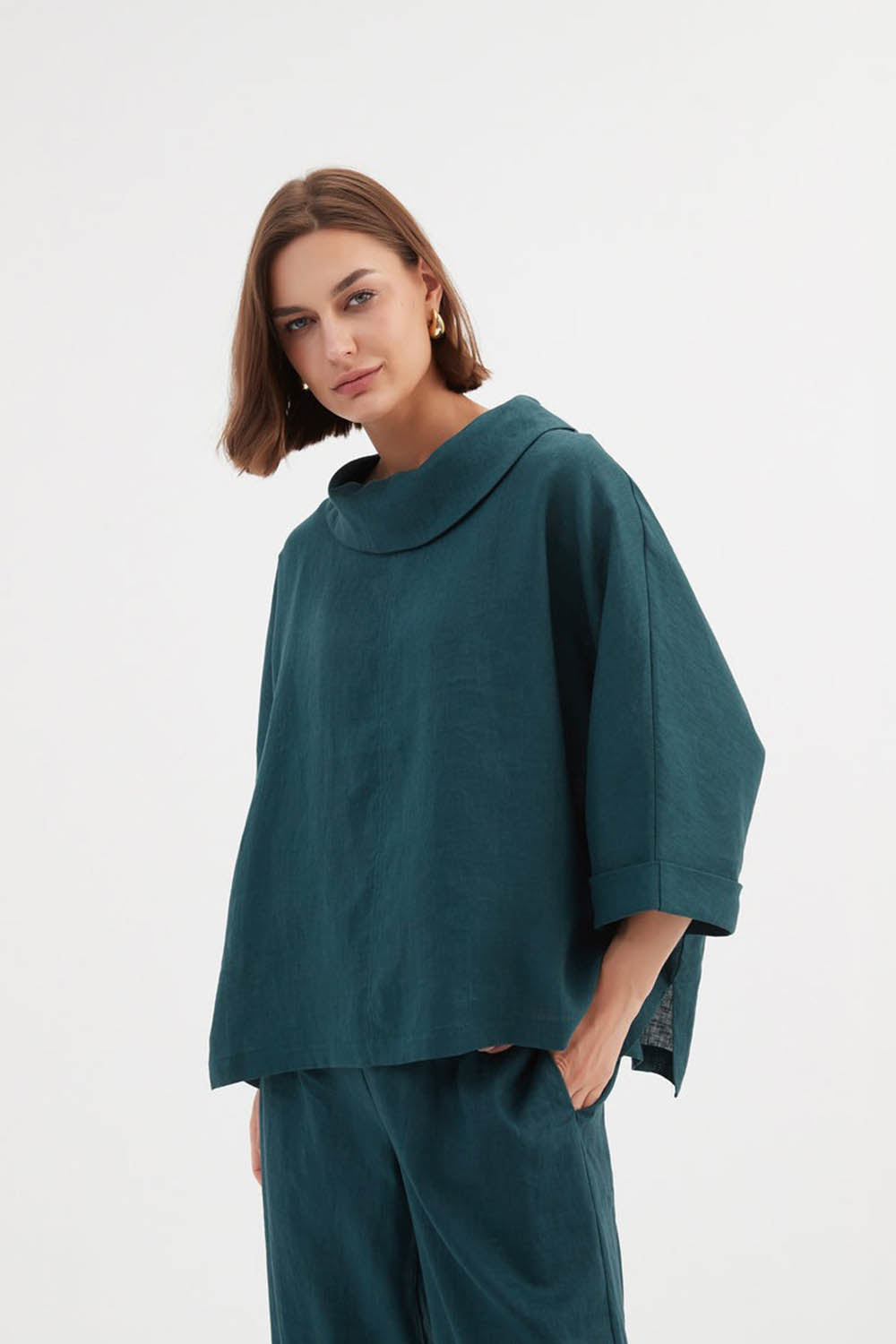 Linen Funnel Neck Boxy Top