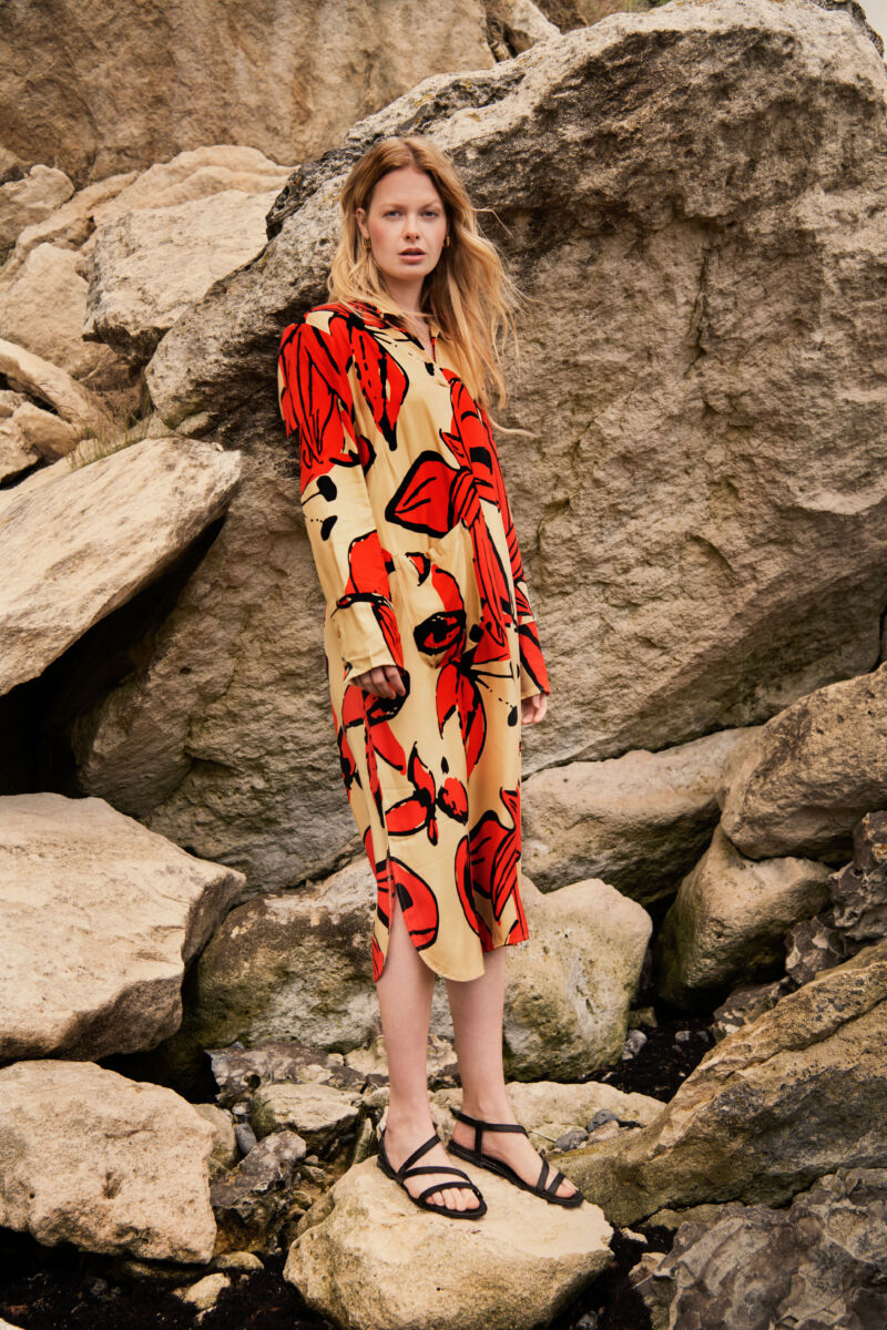 NOEN Big Flower Print Shirt Dress Orange