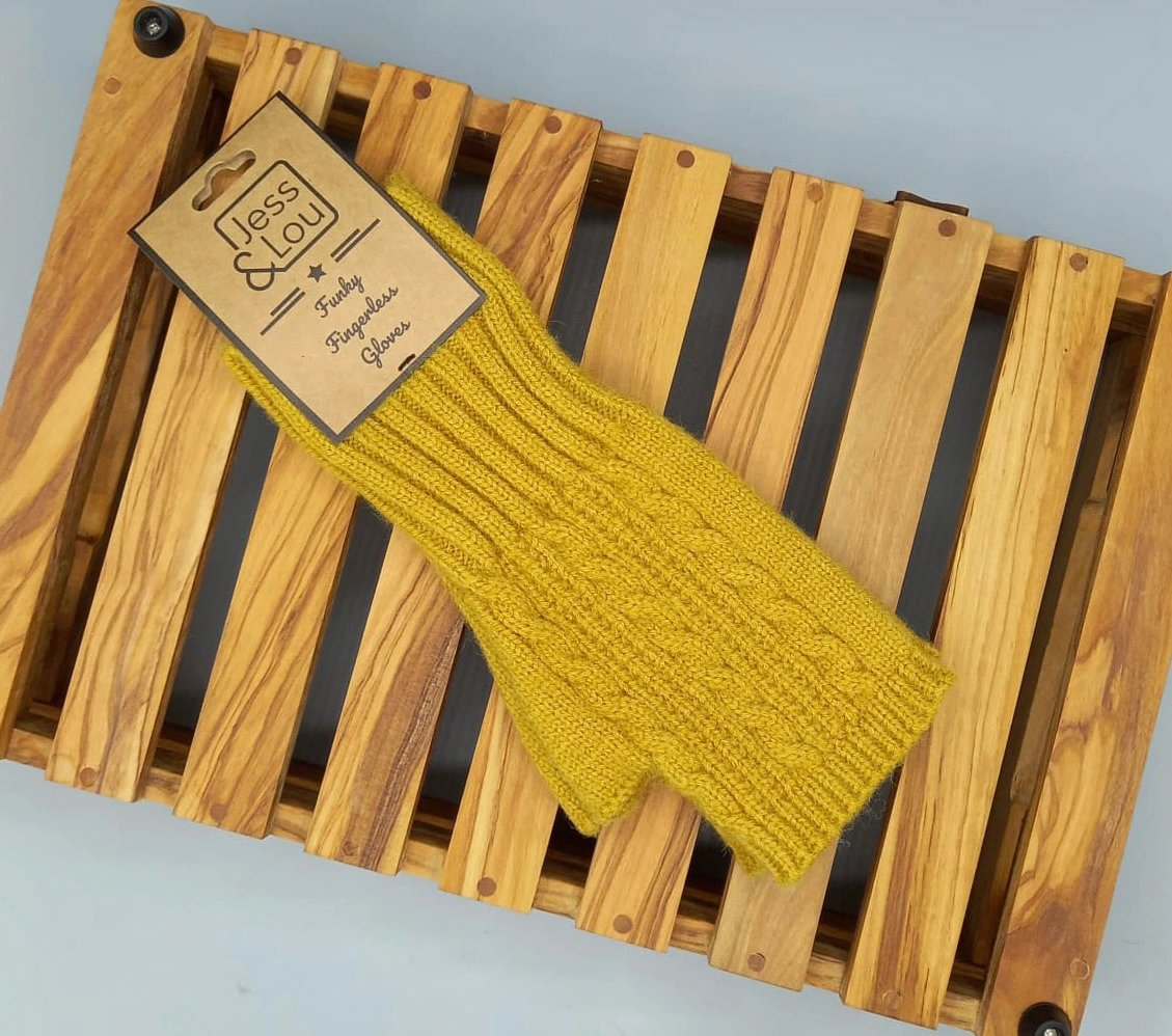 Jess & Lou Cosy Cable Knit Fingerless Gloves Gold Yellow