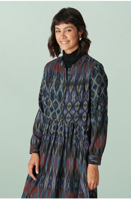 JessieJuniper Patched Ikat Print Dress Blue