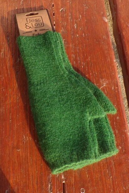 Jess & Lou Plain Knit Wool Fingerless Gloves Green