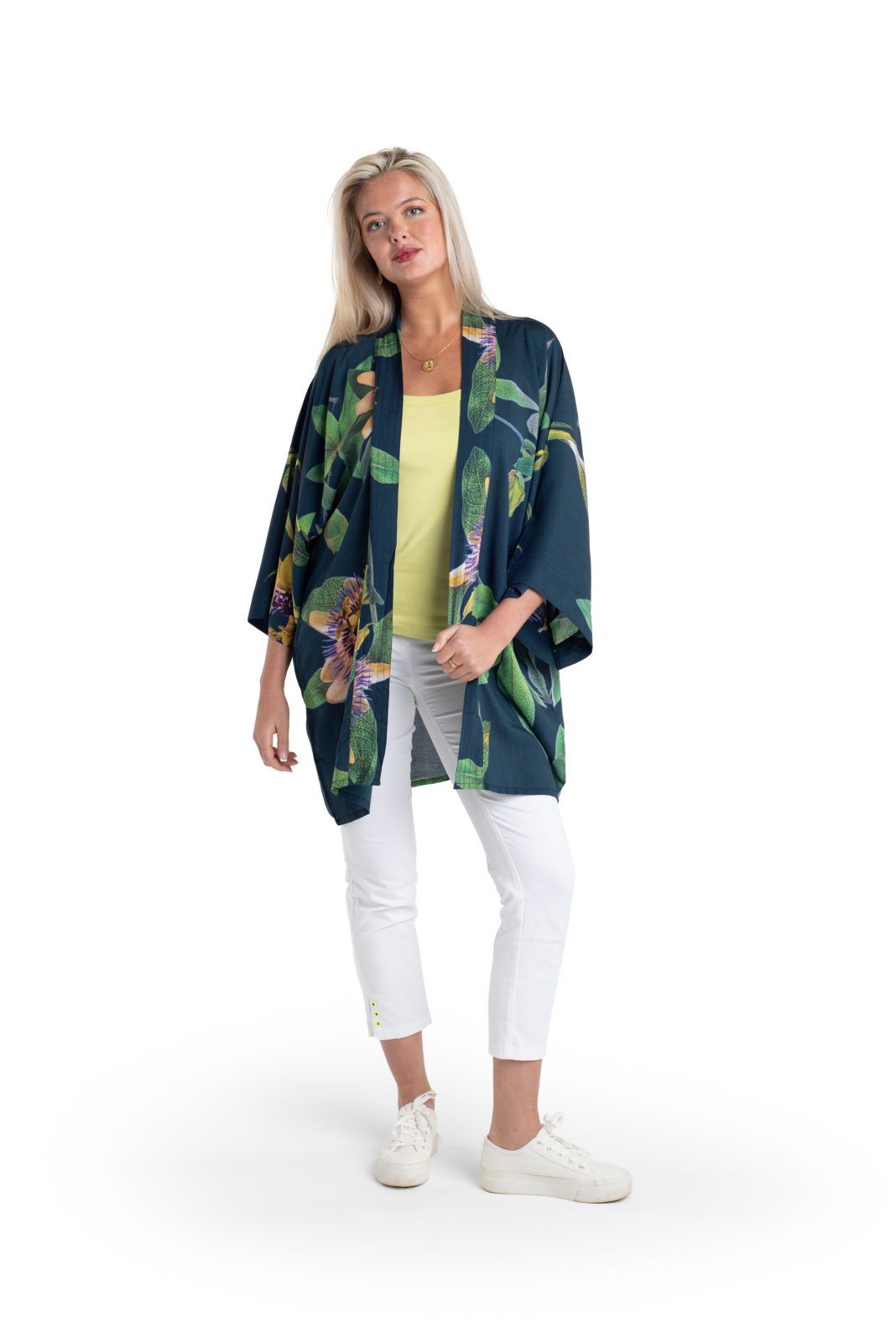 From My Mothers Garden Passion Flower Mid Length Kimono Petrol