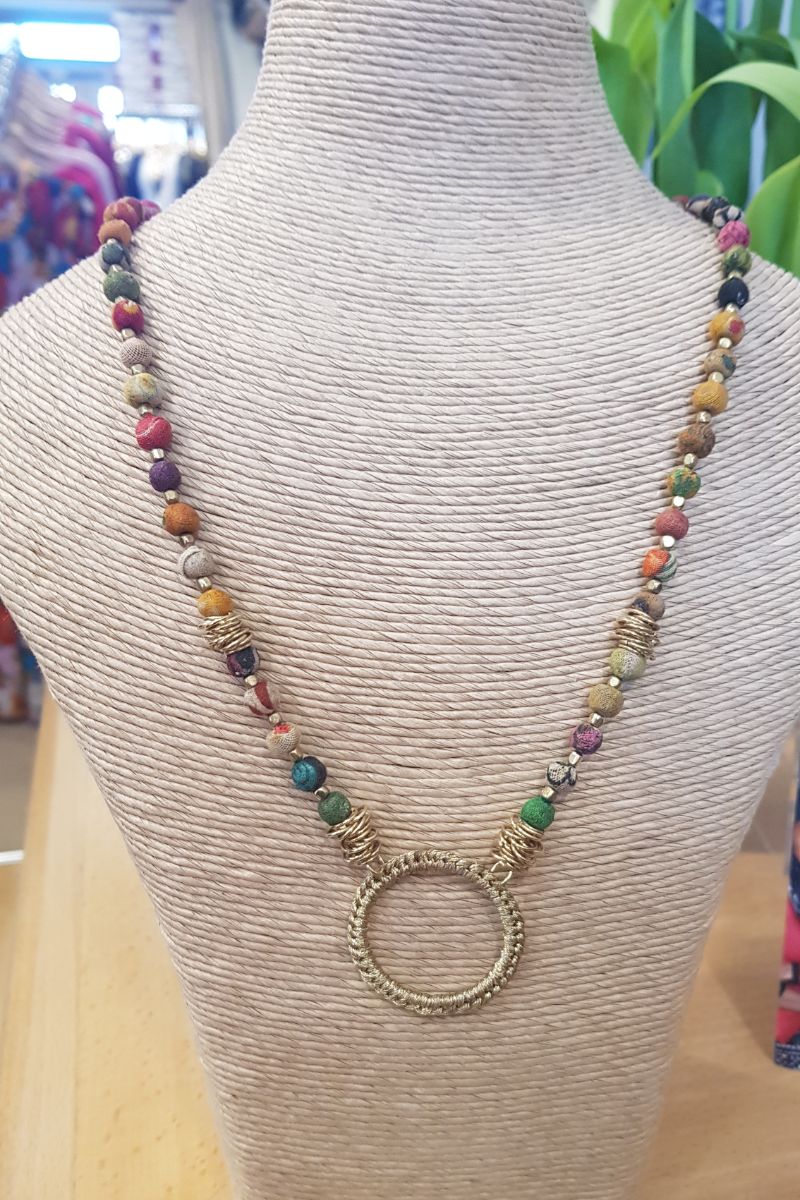 Just Trade Crochet Hoop Kantha Necklace Mixed