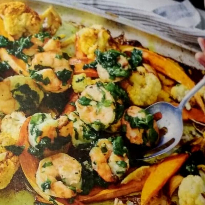 Karin's Spiced Sweet Potato Bake with Prawns and Cauliflower