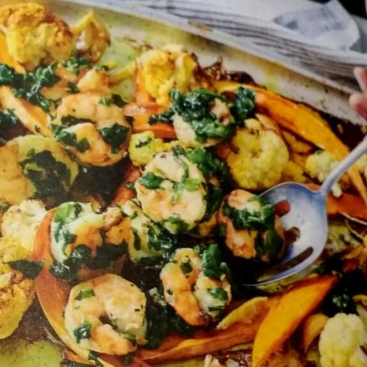 Karin's Spiced Sweet Potato Bake with Prawns and Cauliflower