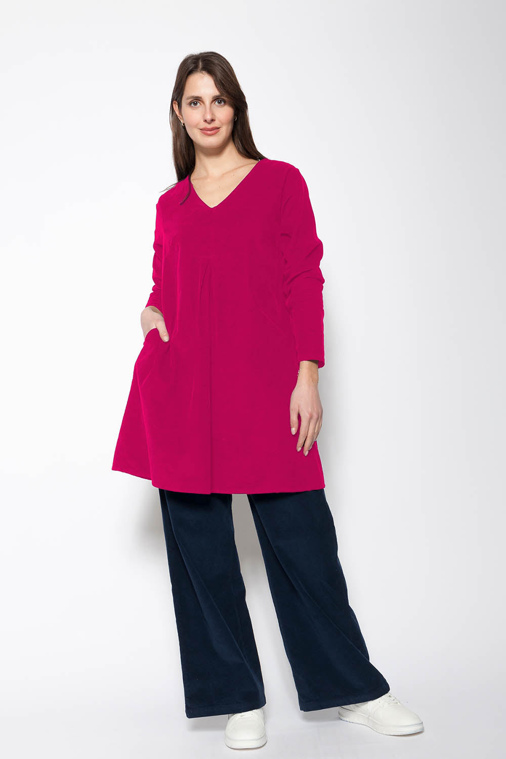 Needlecord Front Pleated Midi Dress
