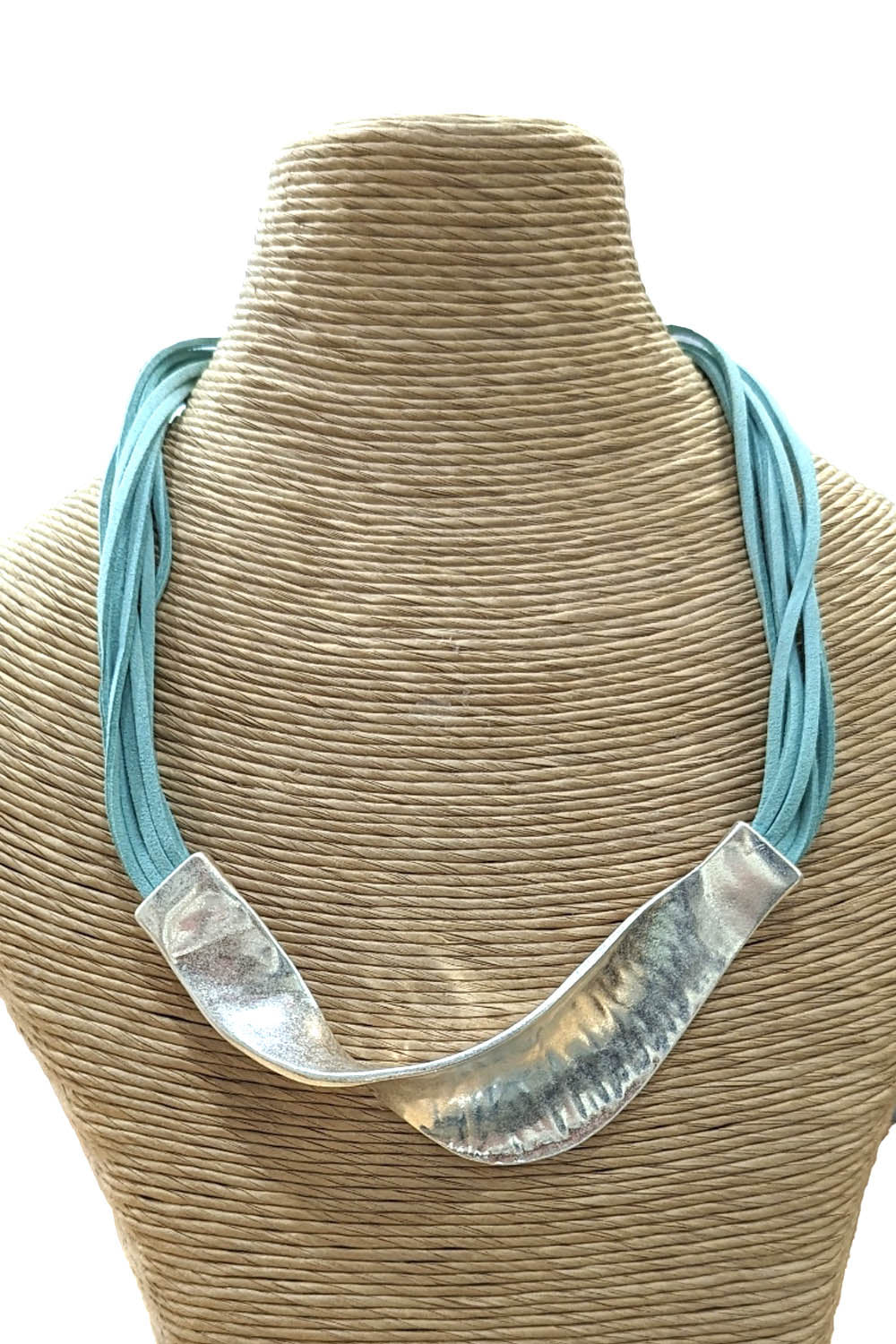 Eliza Gracious Short Suede Necklace With Twisted Bar Aqua