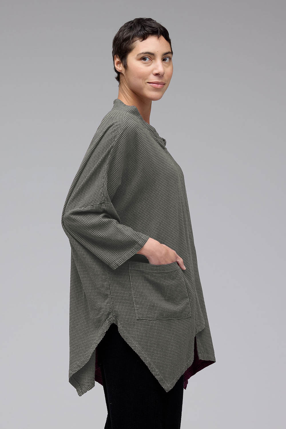 Mini Check 3/4 Sleeve Cowl Top
