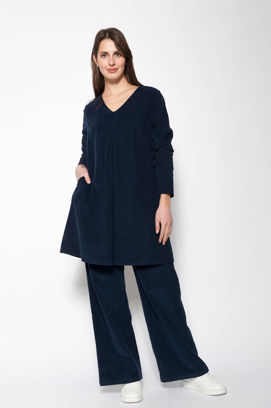Needlecord Front Pleated Midi Dress