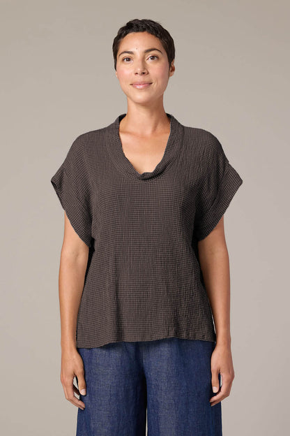 Crinkle Check SS Cowl Top