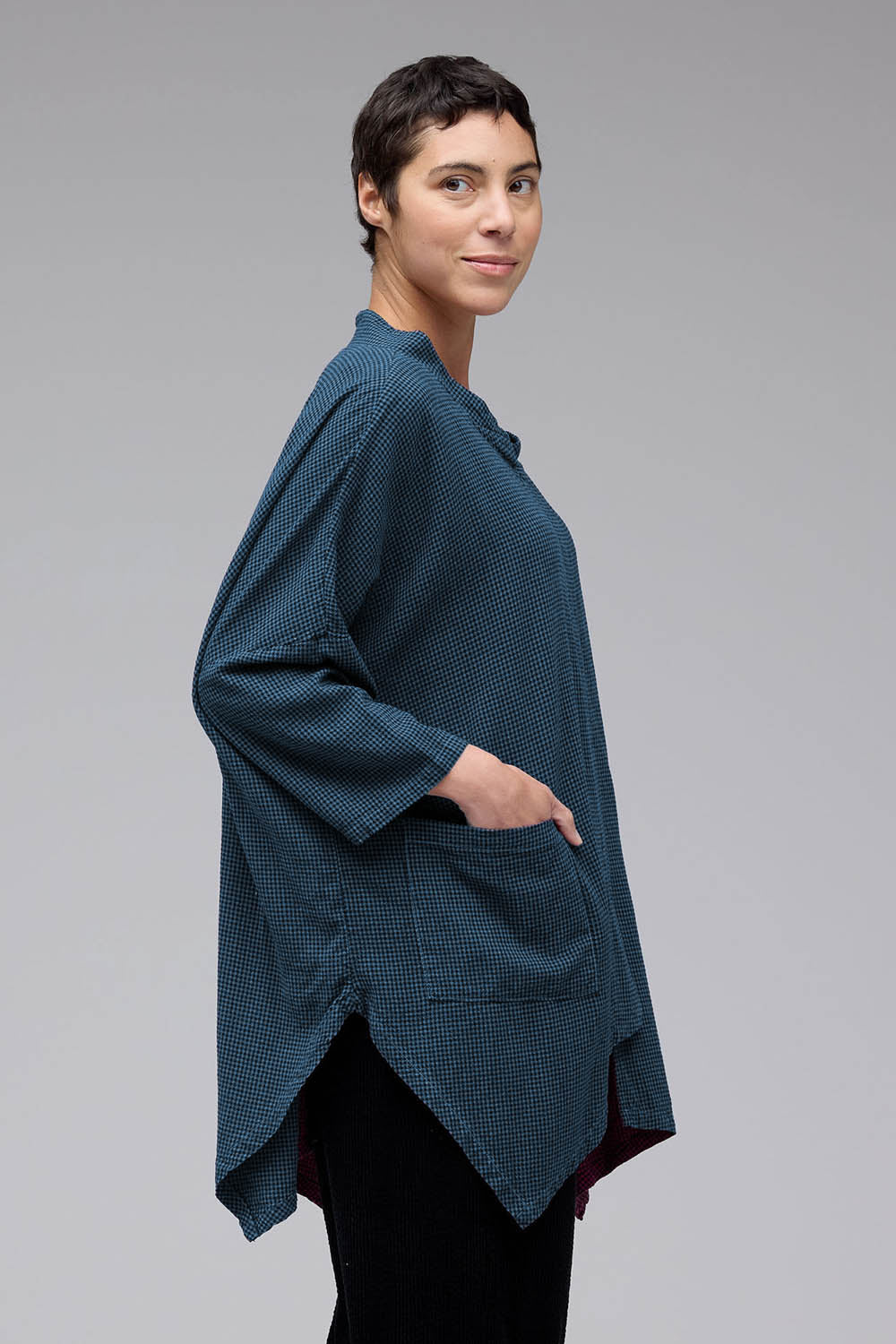 Mini Check 3/4 Sleeve Cowl Top