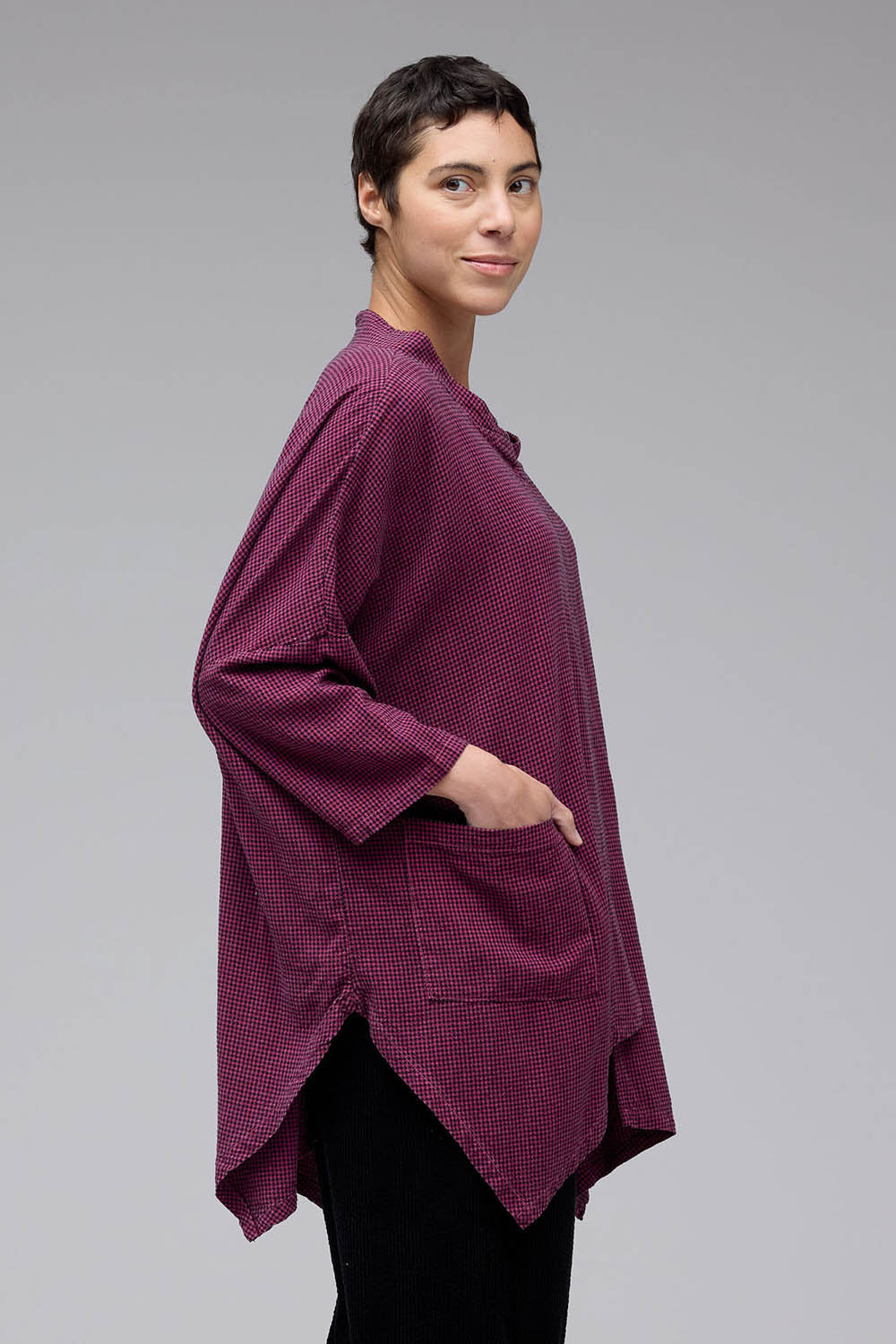 Mini Check 3/4 Sleeve Cowl Top