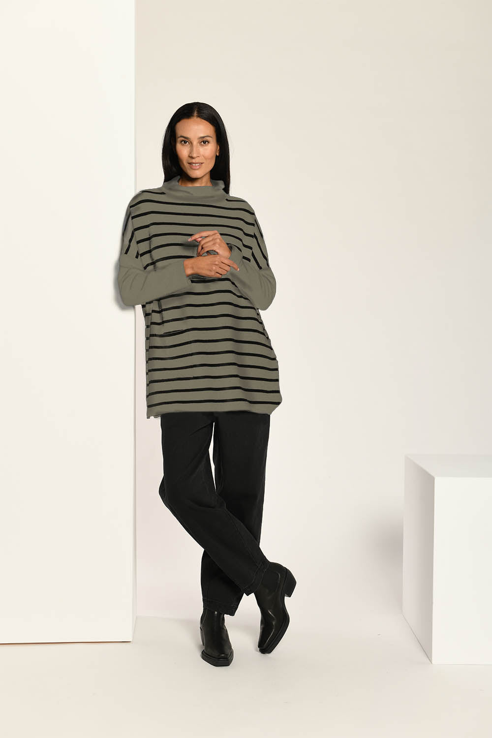 Long Plain Sleeve Striped Sweater