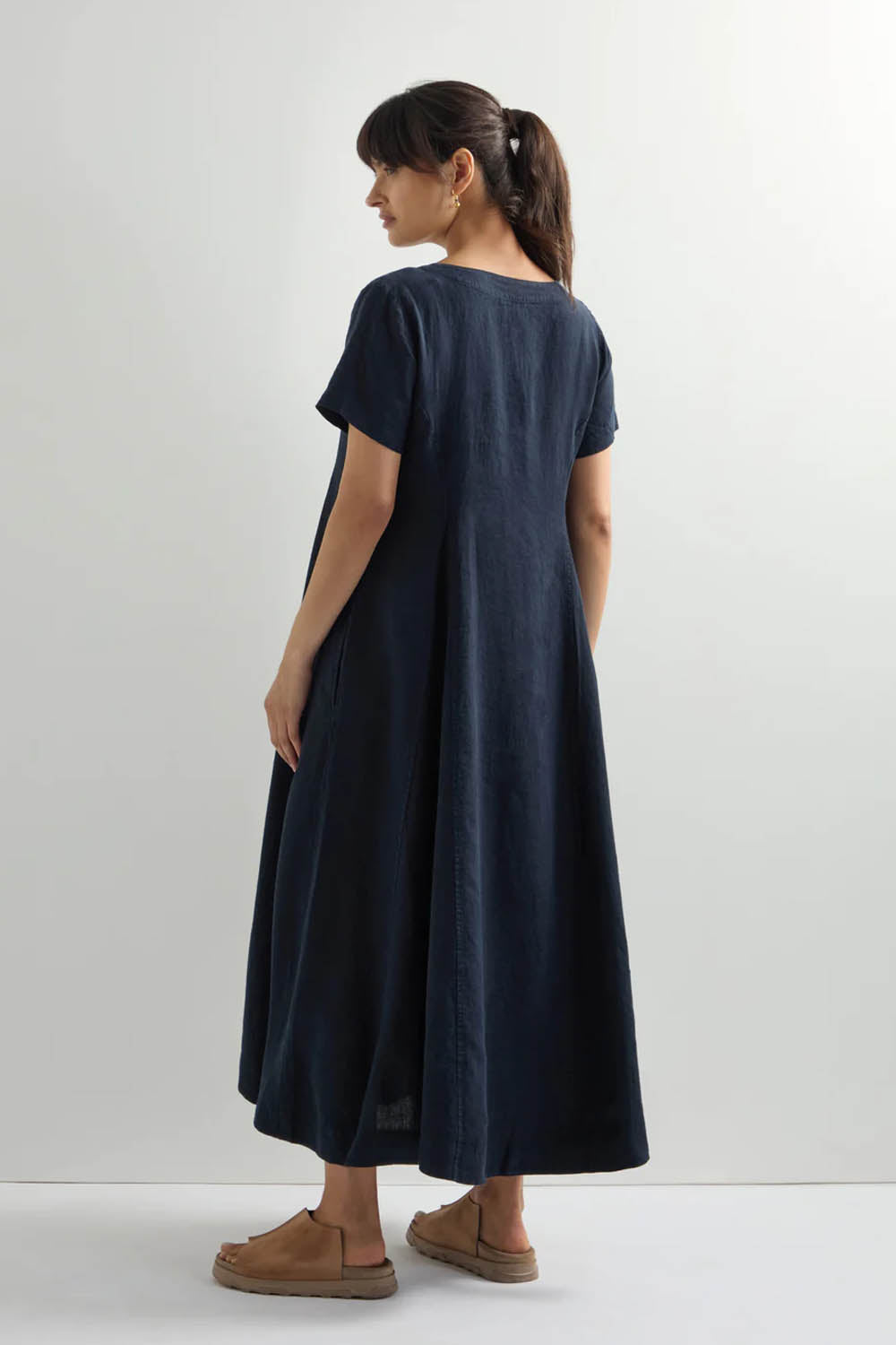Linen V Neck Flared Dress
