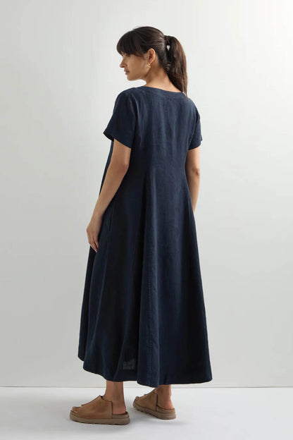 Linen V Neck Flared Dress