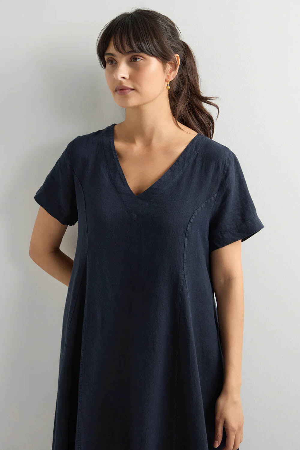 Linen V Neck Flared Dress