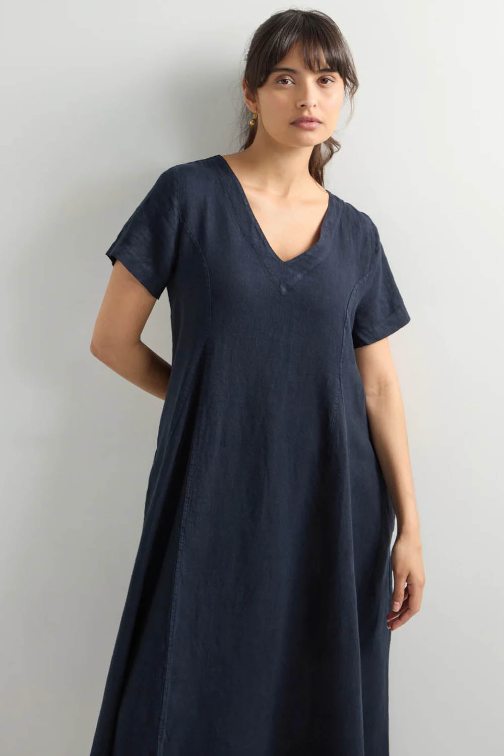 Linen V Neck Flared Dress