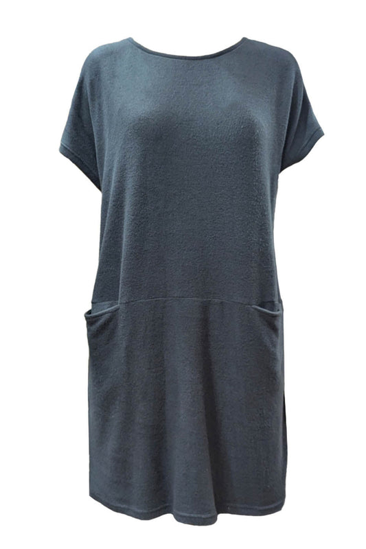 Gray dress with short sleeves and a pocket on a white background