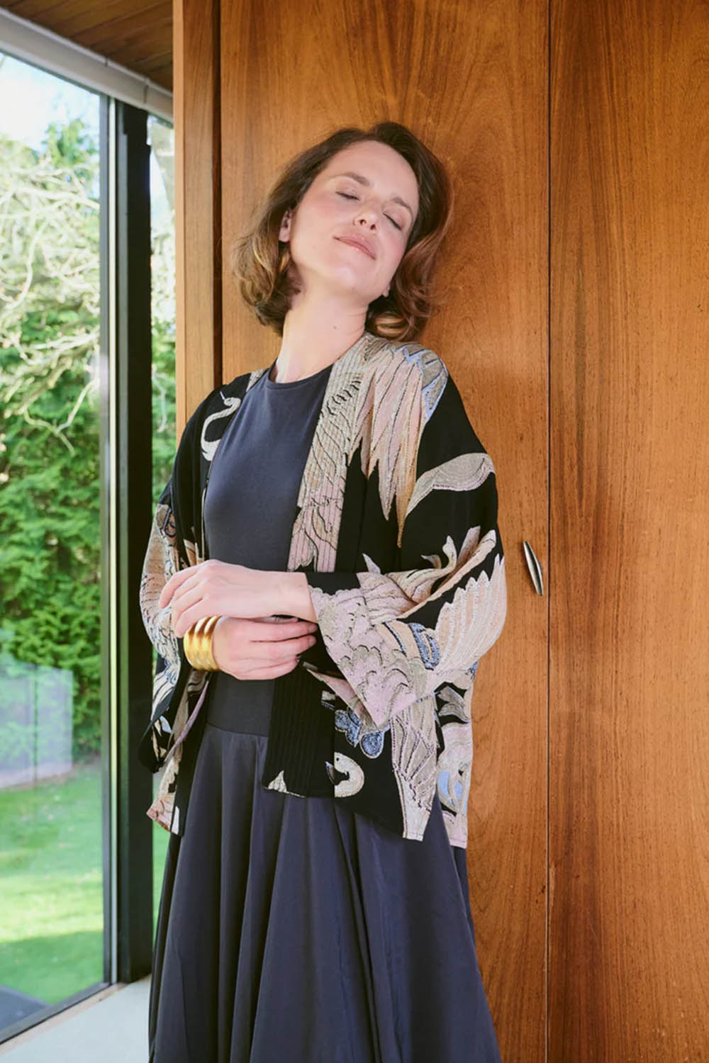 Crane Black Crepe Kimono