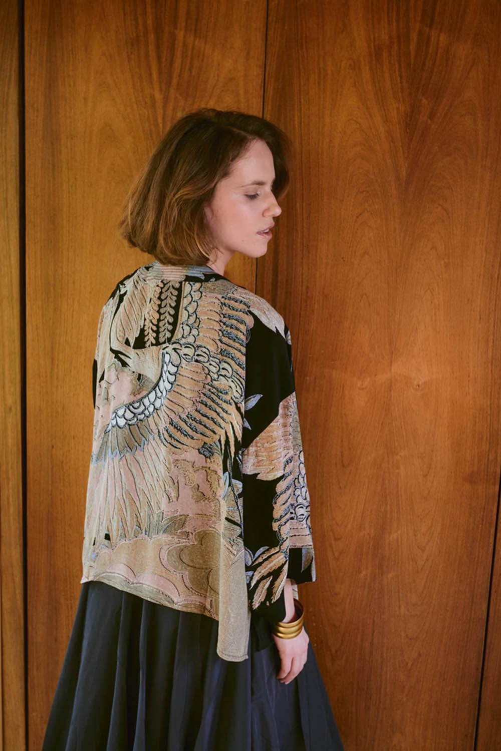 Crane Black Crepe Kimono