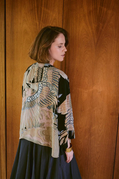 Crane Black Crepe Kimono