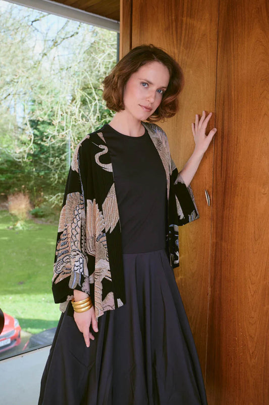 Crane Black Crepe Kimono
