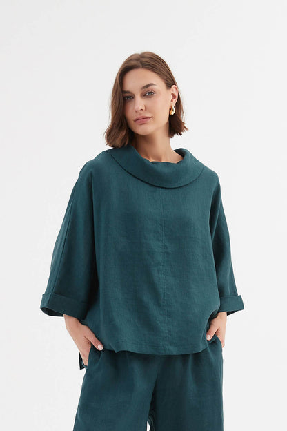 Linen Funnel Neck Boxy Top