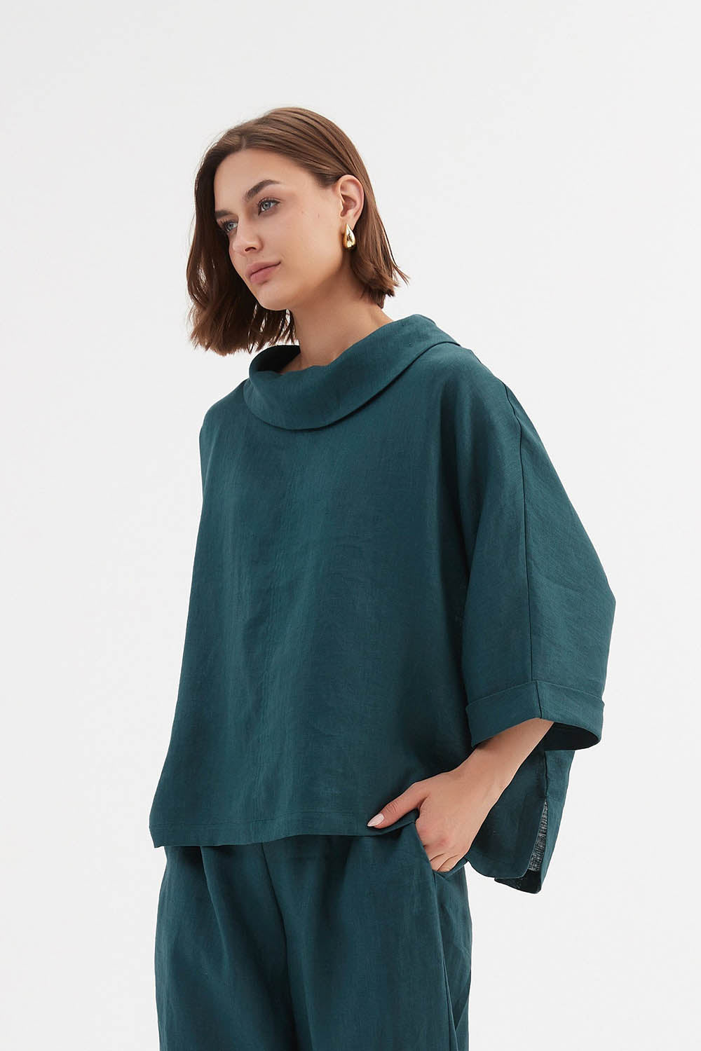 Linen Funnel Neck Boxy Top