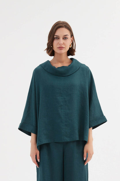 Linen Funnel Neck Boxy Top