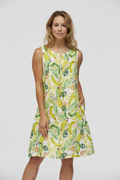 Yellow Label Banana Print Linen Short Sleeve Dress Green