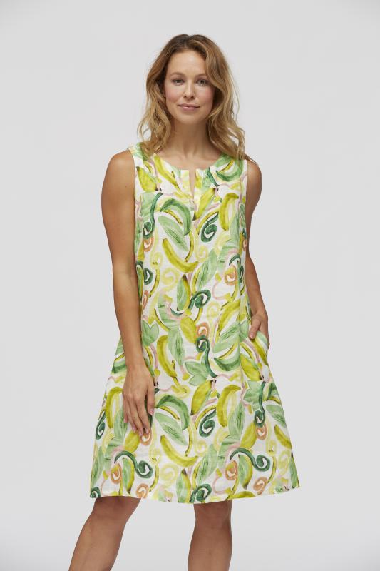 Yellow Label Banana Print Linen Short Sleeve Dress Green