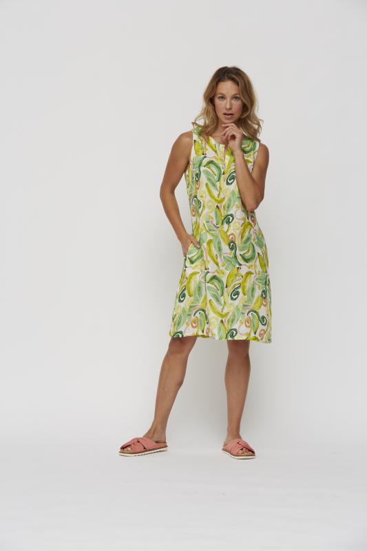 Yellow Label Banana Print Linen Short Sleeve Dress Green