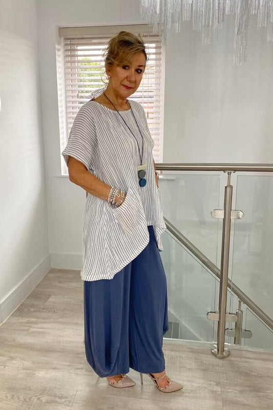 Capri Clothing Stripe Top Airforce Short Sleeves
