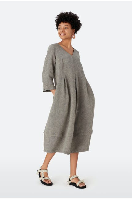 Sahara Cross Dye Linen Bubble Dress Pebble