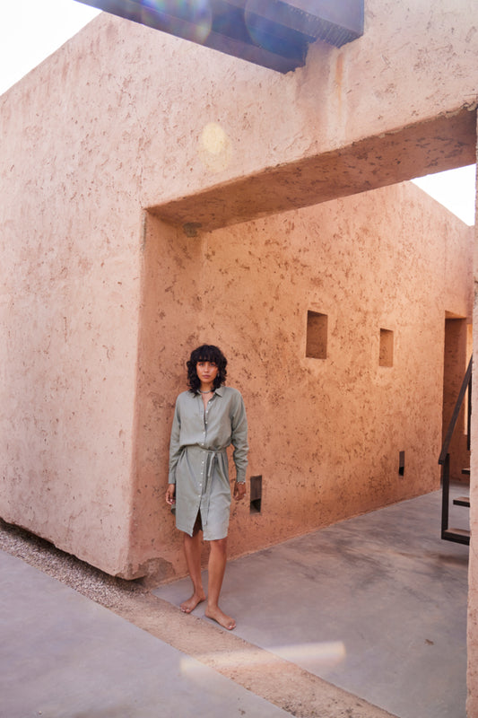 Ichi Lino Shirt Dress Vetiver