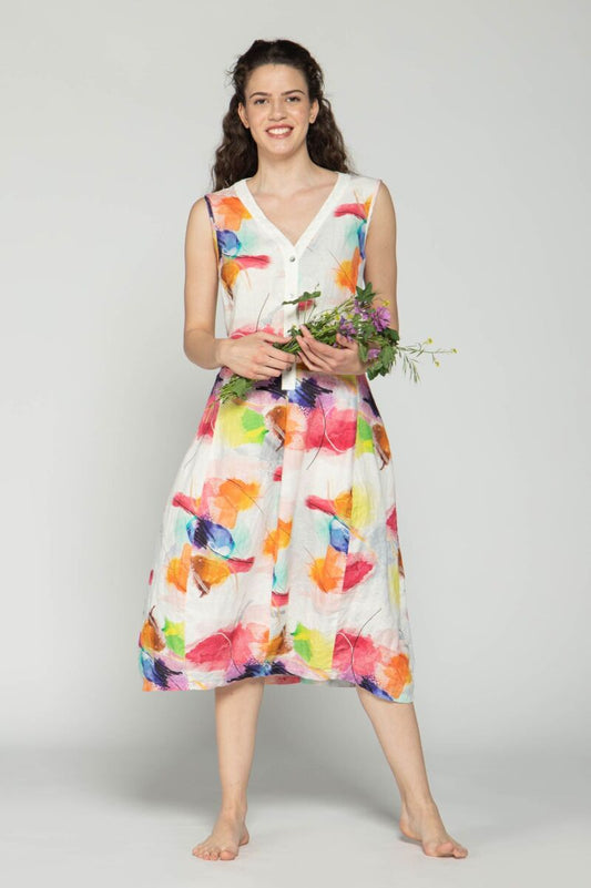 Luukaa Linen Leaves Dress Multicolour Pink