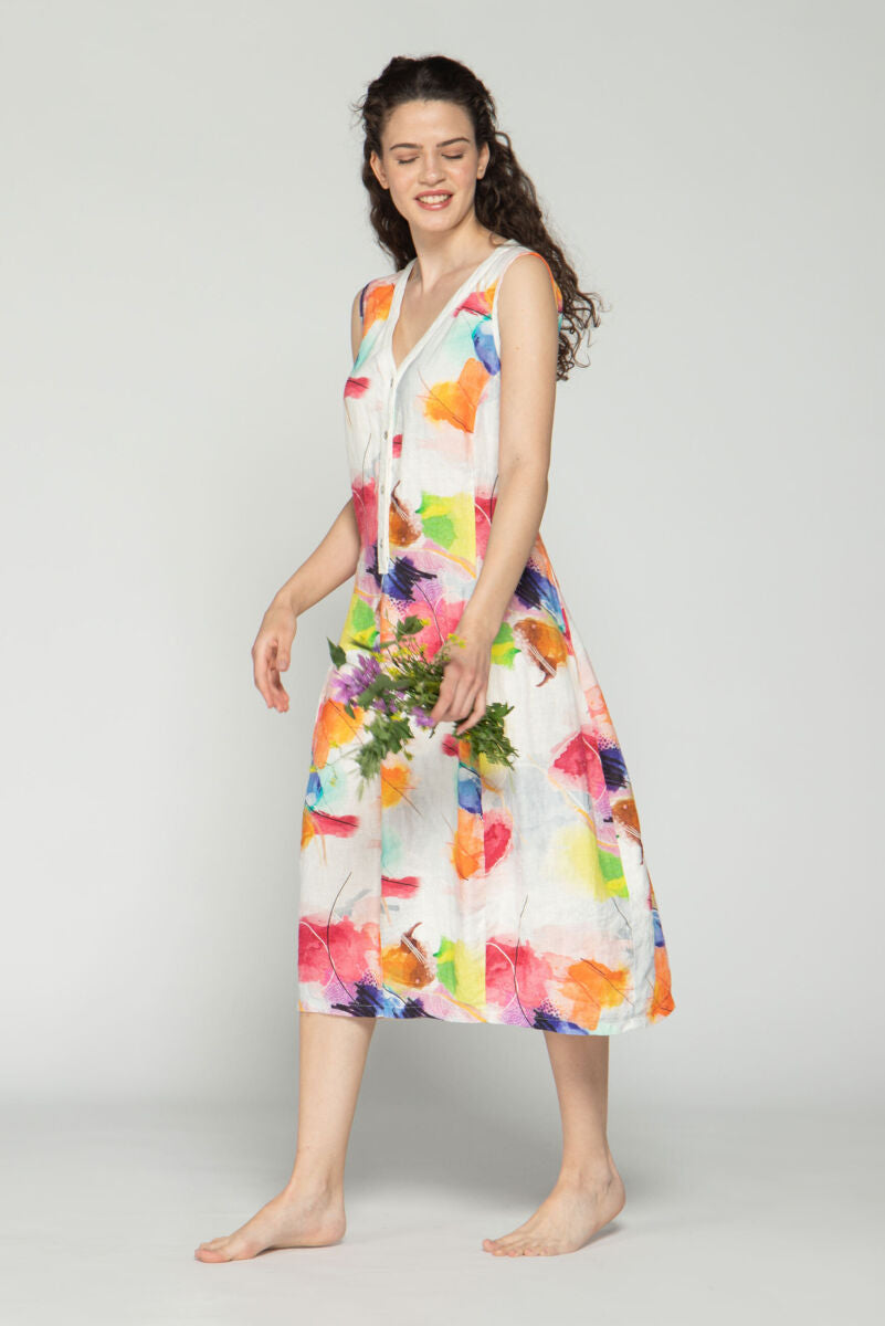Luukaa Linen Leaves Dress Multicolour Pink