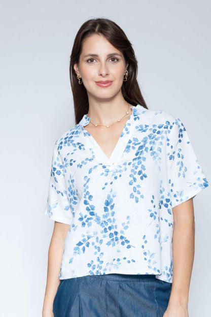 Printed Linen V-Neck T-Shirt