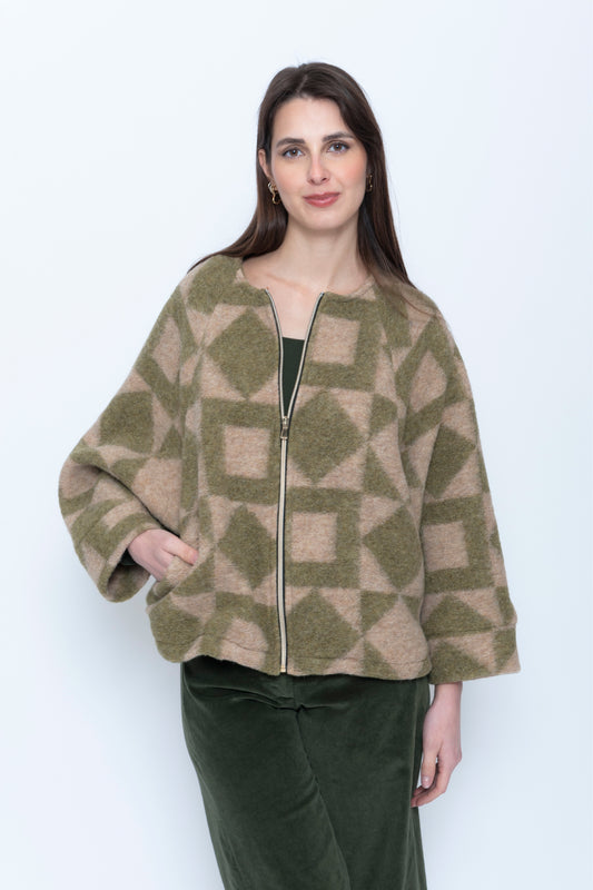 Geometric Boiled Wool Zip Jacket