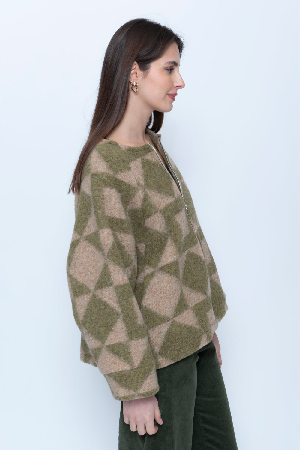 Geometric Boiled Wool Zip Jacket