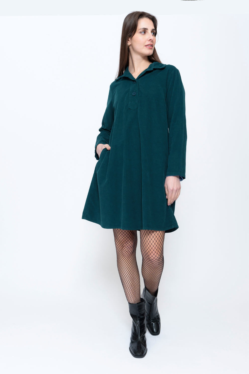 Needlecord Shirt Collar Dress