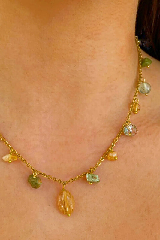 Lotus Feet Green and Gold Crystal Necklace