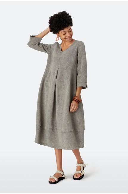 Sahara Cross Dye Linen Bubble Dress Pebble