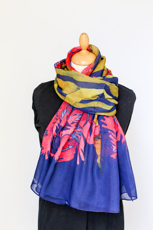 Mary Ann Rogers Black Parrot Tulip Scarf Blue