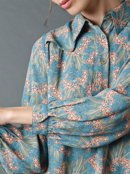 Indi & Cold Floral Shirt Dress Aquamarine
