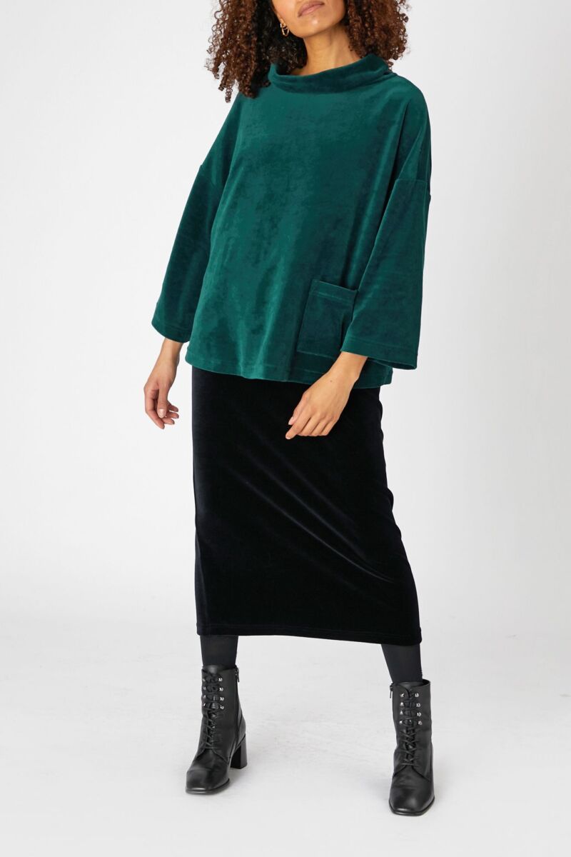 Sahara Velvet Jersey Cowl Neck Top Spruce Green