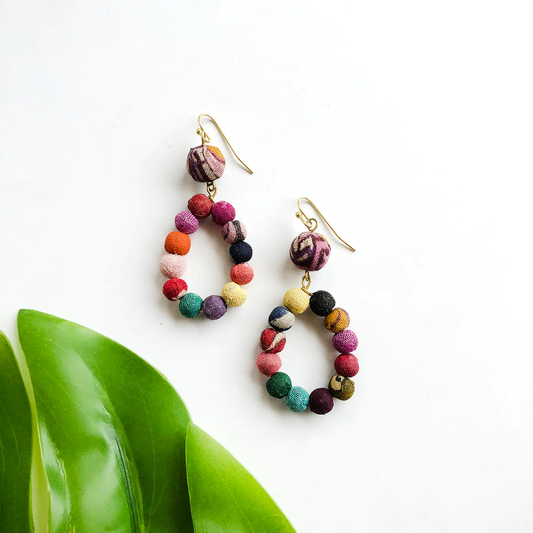 Just Trade Kantha Dangling Teardrop Earrings Red