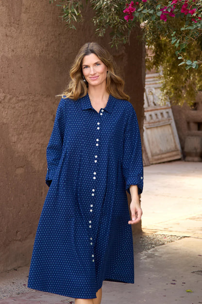 Indigo Spot Cotton Shirt Dress