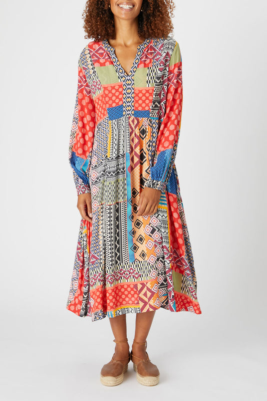 Sahara Eclectic Patchwork Print Dress Red